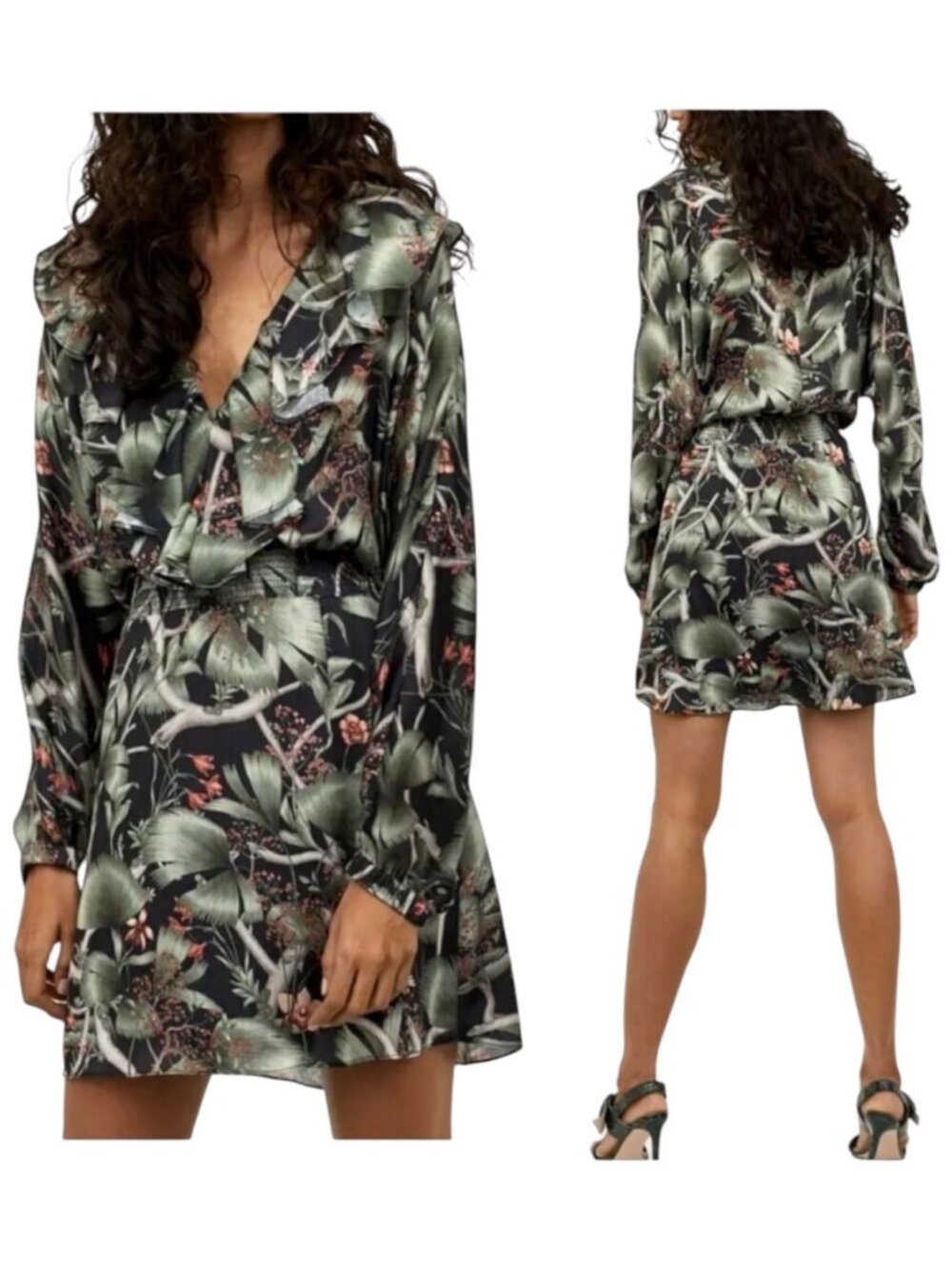 Johanna Ortiz X H&M Dress Women Medium Green Tropical‎ Floral Flounce Mini NWT